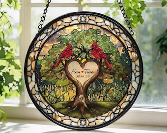 Árbol de la Vida con Cardenales y Corazón Grabado, Atrapasol de Vitral, Decoración para el Hogar, Colgante de Ventana, Decoración de Aniversario, Regalo de San Valentín