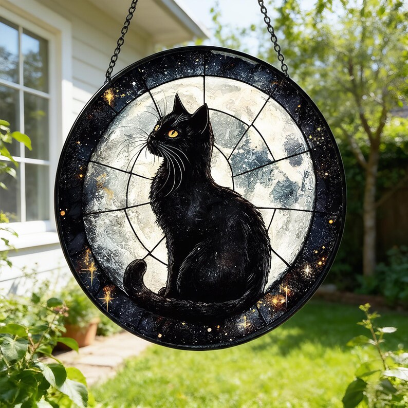 Black Cat & Full Moon Stained Glass Suncatcher Home Decor,glass Window ...