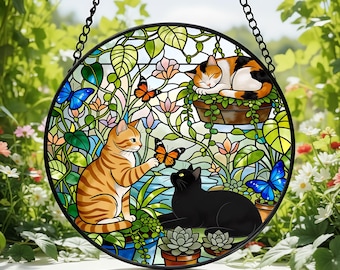 Pothos Cat Window Hanging, Calico Cat Stained Glass Suncatcher, Black Orange Cat Plant Decor, Garden Gift For Cat Mom And Plant Mom