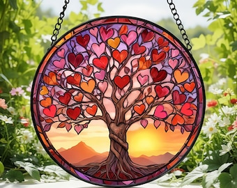 Atrapasueños de vitral con forma de corazón, árbol de hojas y atardecer, decoración para el hogar, vitral colgante del árbol de la vida, decoración de aniversario, regalo de San Valentín