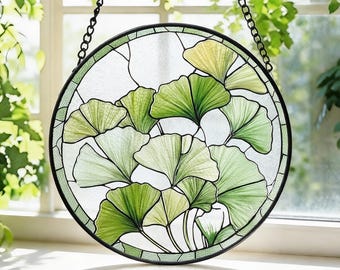 Atrapasueños de vitral con hojas de ginkgo, decoración para el hogar, colgante de ventana de vidrio, decoración de jardín, regalo para amantes de la naturaleza, adorno decorativo para inauguración de la casa.