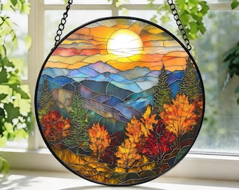 Atrapasueños de vitrales con atardecer en la montaña otoñal, decoración para el hogar, vitrales con paisaje de montaña para colgar, regalo para el Día de la Madre, regalo de primavera