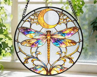 Memorial Dragonfly Moon Glass Suncatcher, Colorful Window Hanging, Nature Inspired Sympathy Gift, Spring Decor Gift For Grandma