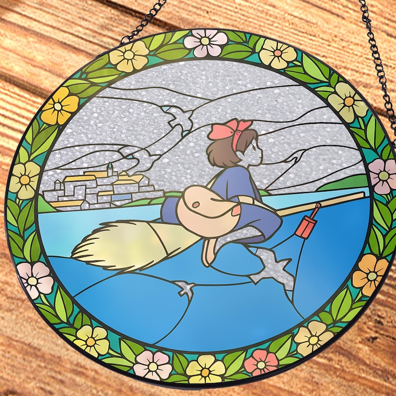 Atrapasueños de vitrales de bruja en escoba de Kiki's Delivery Service, decoración para el hogar, colgante de ventana de vidrio con temática de Studio Ghibli, regalo para amantes del anime imagen 5