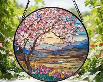 Atrapasueños de vitrales con paisaje de cerezo en flor, decoración para el hogar, vitral colgante, decoración de paisaje natural, regalo de primavera