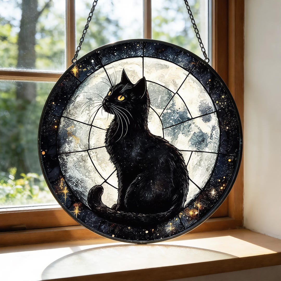 Black Cat & Full Moon Stained Glass Suncatcher Home Decor,glass Window ...