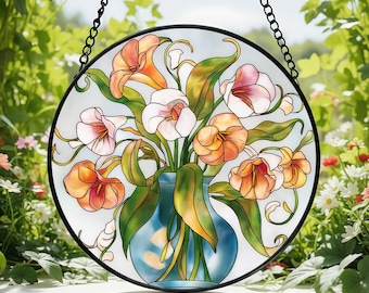 Ramo de lirios en jarrón, atrapasol de vitral para decoración del hogar, lirios colgantes para ventana, decoración floral en jarrón, regalo de boda, regalo del Día de la Madre