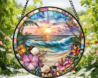 Atrapasueños de vitral con flores y conchas en la playa tropical, decoración para el hogar, colgante costero para ventana, decoración de verano, regalo para el Día de la Madre.