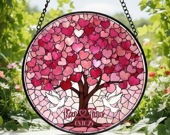 Atrapasueños de vitral con forma de árbol de corazón y palomas, decoración para el hogar, vitral colgante con forma de árbol de la vida, decoración de aniversario, regalo de San Valentín