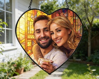 Atrapasueños de vitral con foto personalizada en tonos cálidos para decoración del hogar, regalo de aniversario con foto personalizable, recuerdo conmemorativo, regalo de San Valentín.