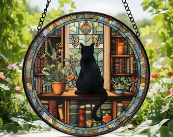 Atrapasueños de gato negro de vidrieras, adorno para ventana de biblioteca literaria, decoración floral bohemia para el hogar, adorno de pared místico, regalo para amantes de los libros y los gatos.