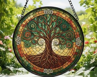 Atrapasueños de vitral con diseño del Árbol de la Vida Celta, decoración para el hogar, vitral espiritual para colgar en la ventana, regalo para amantes de la naturaleza, regalo de primavera, regalo para jardineros.