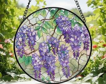 Atrapasueños de vitral con diseño de glicina de lavanda, decoración para el hogar, vitral colgante de glicina, decoración floral morada, regalo para el Día de la Madre.
