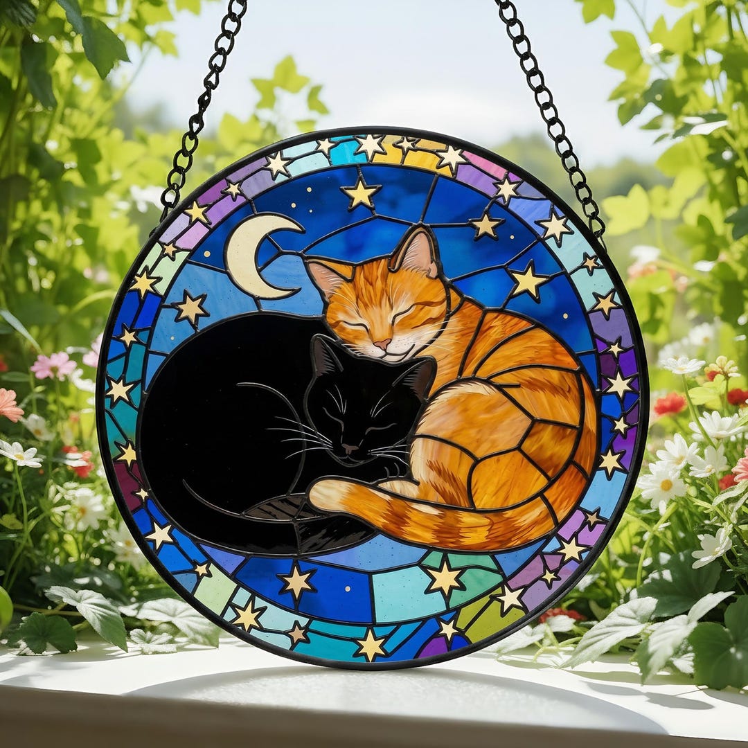 Black & Orange Cat Stained Glass Suncatcher, Celestial Moon Star Window ...