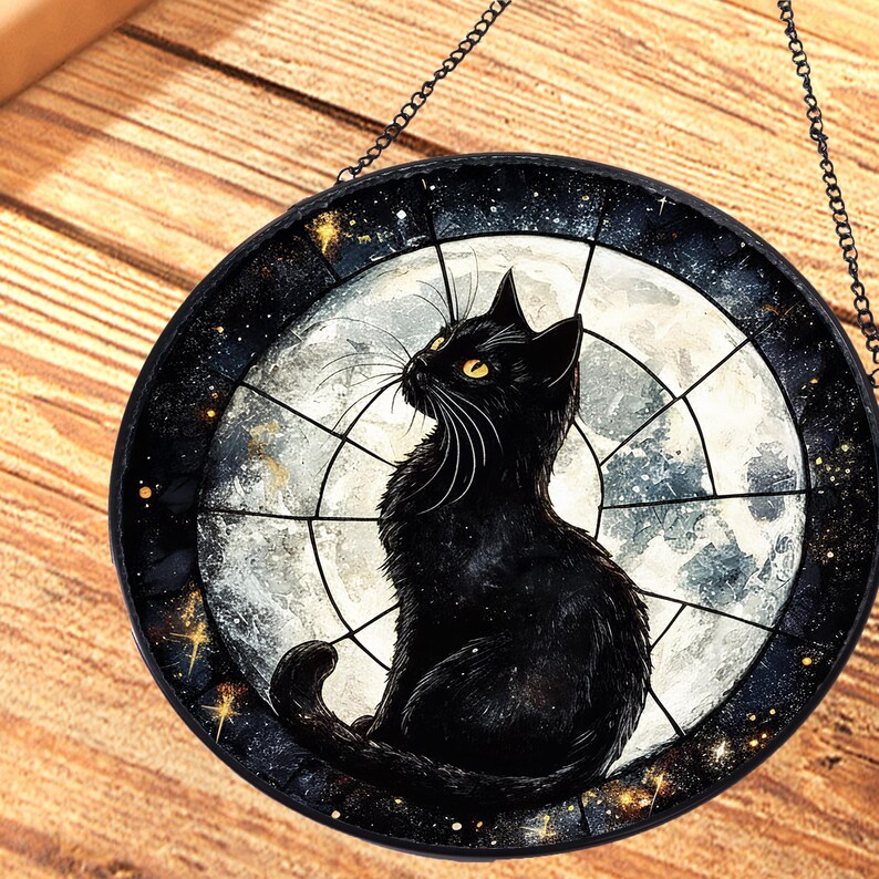 Black Cat & Full Moon Stained Glass Suncatcher Home Decor,glass Window ...