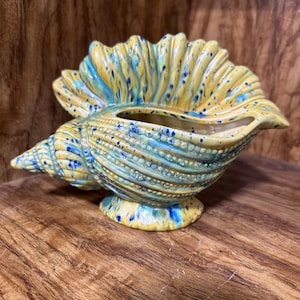 May include: A ceramic seashell planter in shades of yellow, blue, and green. The planter has a textured surface with a detailed spiral design and a scalloped edge. It sits on a small, round base, perfect for displaying small plants or flowers.