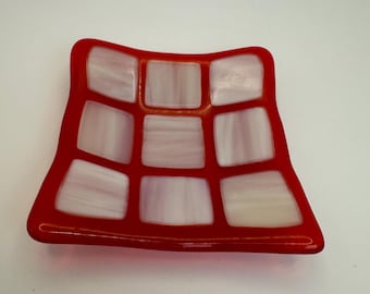 Red and White Fused Glass Trinket Dish: Jewelry Tray