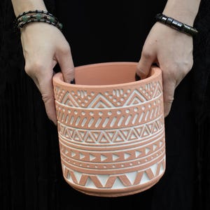 Warm Terracotta Concrete Planter, Ethnic Geometric Design, Cement Flower Pot, Handmade, Boho Home Decor, Plant Lovers Gift