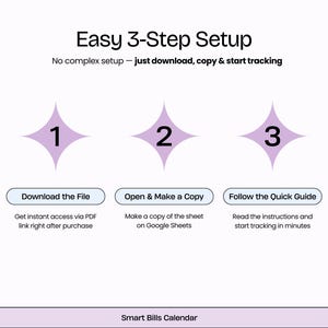 Puede incluir: Gr&aacute;fico con el texto "Easy 3-Step Setup" e instrucciones para descargar, copiar y rastrear. Los pasos est&aacute;n numerados 1, 2 y 3, con descripciones de texto correspondientes. La parte inferior del gr&aacute;fico dice "Smart Bills Calendar".