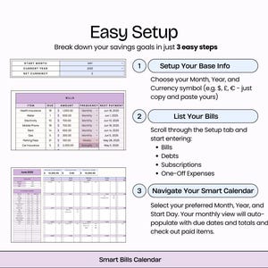 Puede incluir: Una gu&iacute;a digital de planificaci&oacute;n financiera titulada "Easy Setup" con un esquema de color p&uacute;rpura y blanco. La gu&iacute;a desglosa los objetivos de ahorro en tres pasos, incluyendo la configuraci&oacute;n de la informaci&oacute;n b&aacute;sica, la lista de facturas y la navegaci&oacute;n por un calendario inteligente. El texto incluye "Smart Bills Calendar".