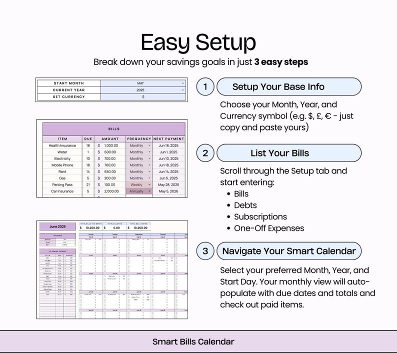 Puede incluir: Una gu&iacute;a digital de planificaci&oacute;n financiera titulada "Easy Setup" con un esquema de color p&uacute;rpura y blanco. La gu&iacute;a desglosa los objetivos de ahorro en tres pasos, incluyendo la configuraci&oacute;n de la informaci&oacute;n b&aacute;sica, la lista de facturas y la navegaci&oacute;n por un calendario inteligente. El texto incluye "Smart Bills Calendar".
