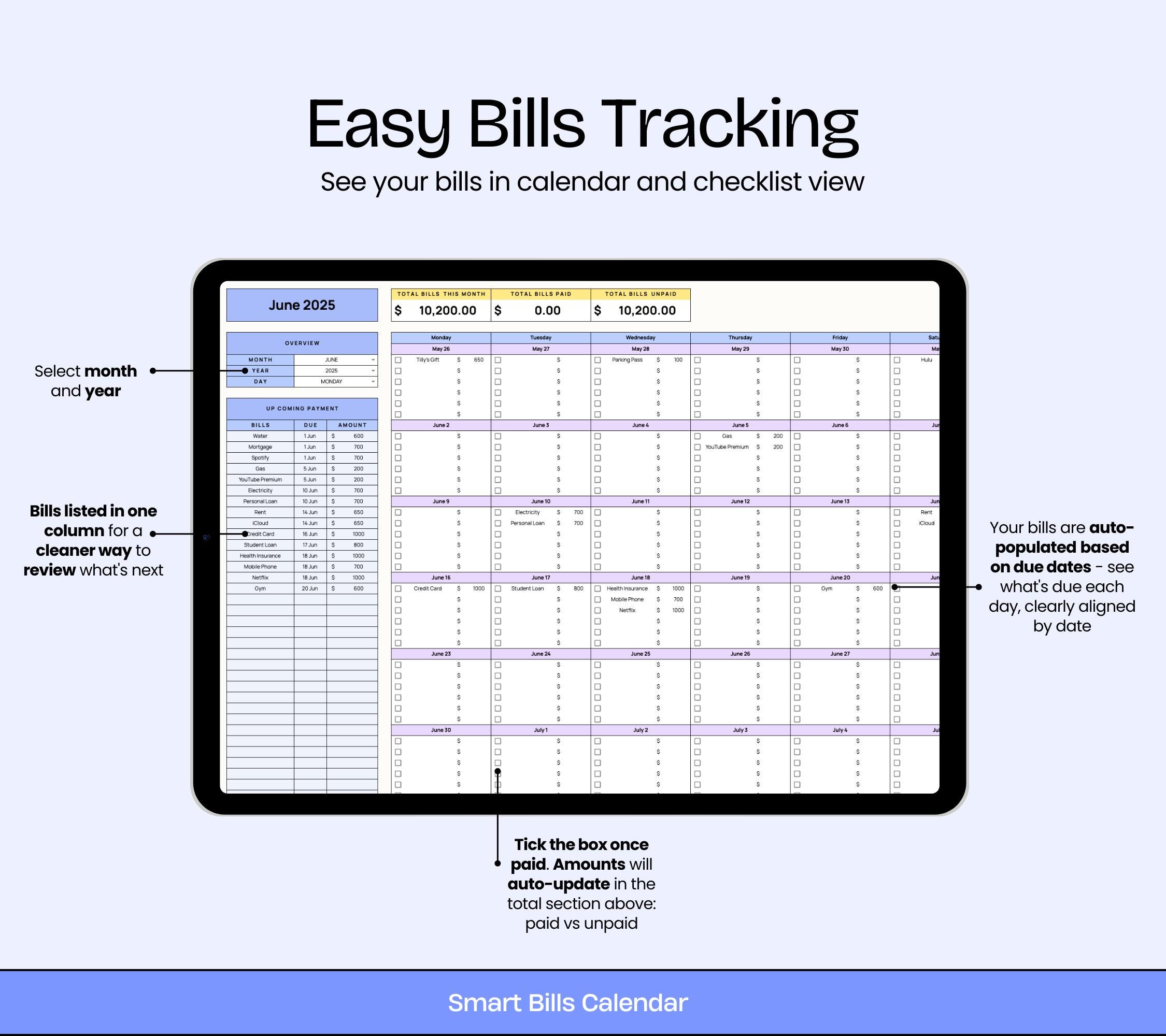 Monthly Bill Spreadsheet Google Sheets Bill Calendar Tracker Automated ...
