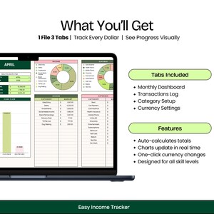 Op de afbeelding: Een laptopscherm dat een spreadsheet toont met een groen en roze kleurenschema. De spreadsheet is getiteld "April" en bevat tabbladen voor "Inkomsten", "Uitgaven" en "Cashflow". De tekst "Wat je krijgt" wordt bovenaan het scherm weergegeven, samen met de tekst "1 bestand 3 tabbladen | Volg elke dollar | Zie de voortgang visueel". Het scherm bevat ook een lijst met "Inbegrepen tabbladen" en "Functies".