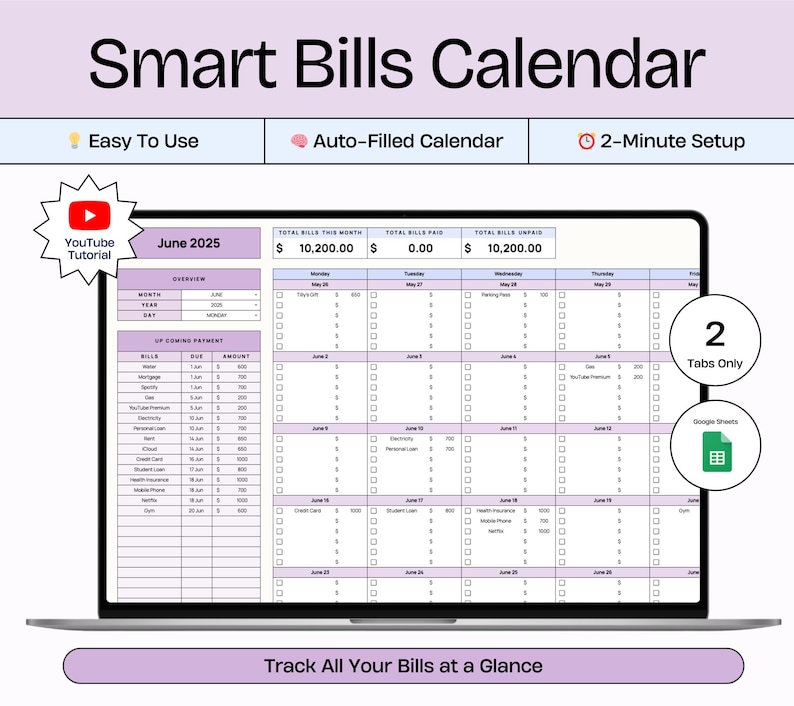 Puede incluir: Una pantalla de port&aacute;til que muestra un calendario de facturas digital para junio de 2025, con secciones para facturas, fechas de vencimiento e importes. El texto "Smart Bills Calendar" y "Track All Your Bills at a Glance" son visibles.