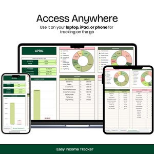 Op de afbeelding: Een screenshot van een computerscherm met een spreadsheet met een groen-roze kleurenschema. De spreadsheet heeft de titel "April" en bevat kolommen voor inkomsten en uitgaven. De spreadsheet bevat ook cirkeldiagrammen die inkomsten en uitgaven per categorie weergeven. De tekst "Easy Income Tracker" wordt onderaan het scherm weergegeven.