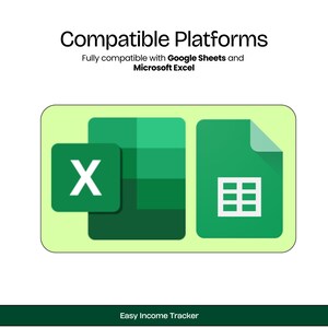 Op de afbeelding: Een groen en geel pictogram met de tekst "Compatibele platforms" en de woorden "Volledig compatibel met Google Sheets en Microsoft Excel". Het pictogram toont een groen spreadsheetpictogram en een groen "X"-pictogram.