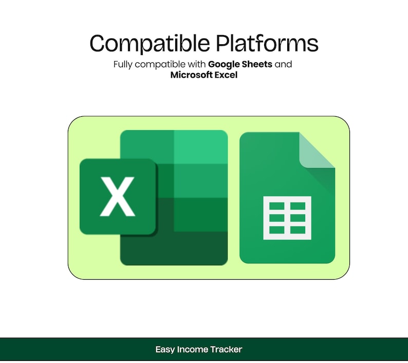Op de afbeelding: Een groen en geel pictogram met de tekst "Compatibele platforms" en de woorden "Volledig compatibel met Google Sheets en Microsoft Excel". Het pictogram toont een groen spreadsheetpictogram en een groen "X"-pictogram.