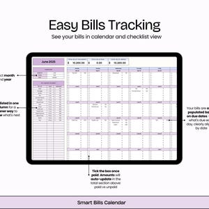 Puede incluir: Un calendario digital de seguimiento de facturas en una tableta negra. La pantalla muestra un dise&ntilde;o de hoja de c&aacute;lculo con columnas para facturas, fechas de vencimiento y estado de pago. El texto en la parte superior dice "Easy Bills Tracking". El calendario es para junio de 2025.