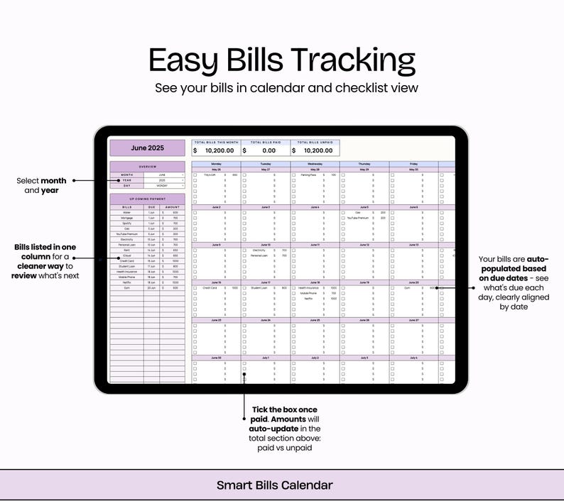 Puede incluir: Un calendario digital de seguimiento de facturas en una tableta negra. La pantalla muestra un dise&ntilde;o de hoja de c&aacute;lculo con columnas para facturas, fechas de vencimiento y estado de pago. El texto en la parte superior dice "Easy Bills Tracking". El calendario es para junio de 2025.