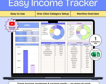 Easy Income Tracker Spreadsheet, Personal Finances, Google Sheets & Excel Income Template, Income Expense Tracker Monthly