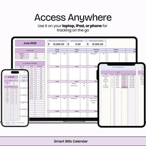 Puede incluir: Un calendario digital de seguimiento de facturas que se muestra en una computadora port&aacute;til, una tableta y un tel&eacute;fono inteligente. Las pantallas muestran un dise&ntilde;o de hoja de c&aacute;lculo con el texto "Junio 2025" y "Smart Bills Calendar". El texto "Access Anywhere" est&aacute; en la parte superior.