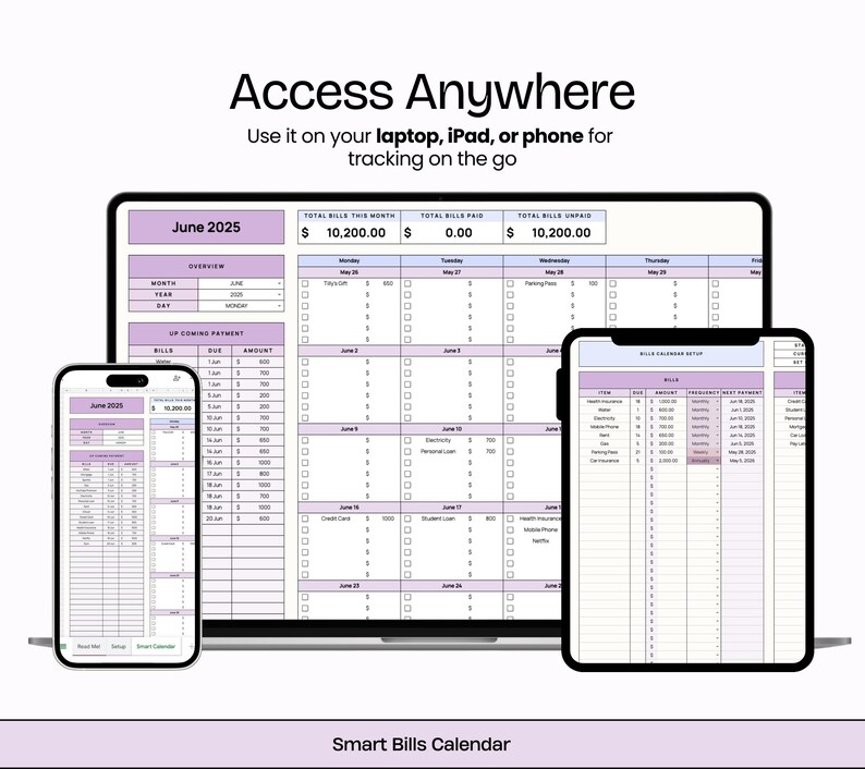 Puede incluir: Un calendario digital de seguimiento de facturas que se muestra en una computadora port&aacute;til, una tableta y un tel&eacute;fono inteligente. Las pantallas muestran un dise&ntilde;o de hoja de c&aacute;lculo con el texto "Junio 2025" y "Smart Bills Calendar". El texto "Access Anywhere" est&aacute; en la parte superior.