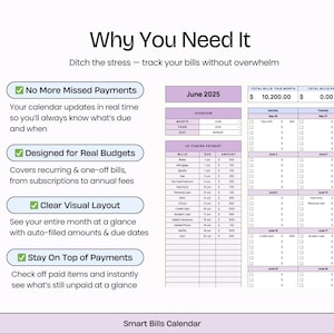 Puede incluir: Un calendario digital de seguimiento de facturas en morado y blanco, que muestra junio de 2025. Incluye secciones para pr&oacute;ximos pagos, el total de facturas y facturas pagadas. El texto del calendario destaca caracter&iacute;sticas como "No m&aacute;s pagos perdidos".