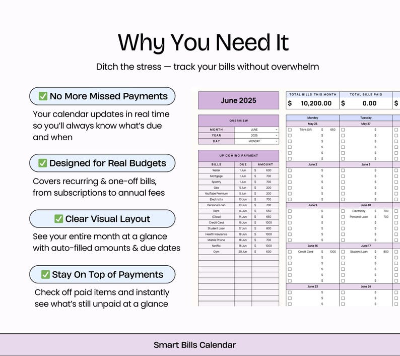 Puede incluir: Un calendario digital de seguimiento de facturas en morado y blanco, que muestra junio de 2025. Incluye secciones para pr&oacute;ximos pagos, el total de facturas y facturas pagadas. El texto del calendario destaca caracter&iacute;sticas como "No m&aacute;s pagos perdidos".