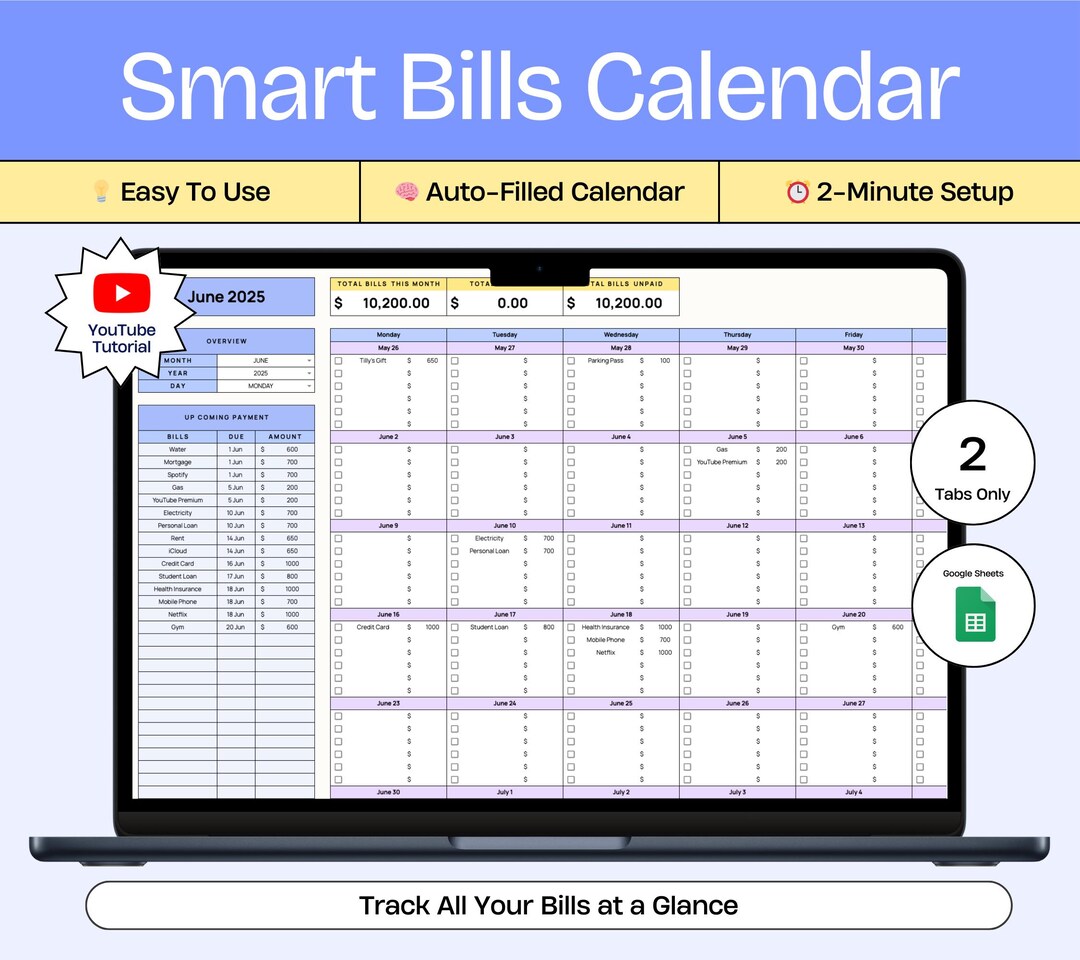 Monthly Bill Spreadsheet Google Sheets Bill Calendar Tracker Automated ...