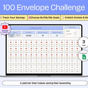 May include: A laptop screen displays a digital 100 Envelope Challenge planner. The planner includes sections for tracking savings, goal amounts, and dates. The text "100 Envelope Challenge" is at the top. The image also includes a YouTube tutorial icon and Google Sheets icon.