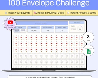 100 Envelope Challenge, 5050 Money Savings Challenge, No-spend Habit Tracker Saving Spreadsheet Save Money Challenge Envelopes Google Sheets