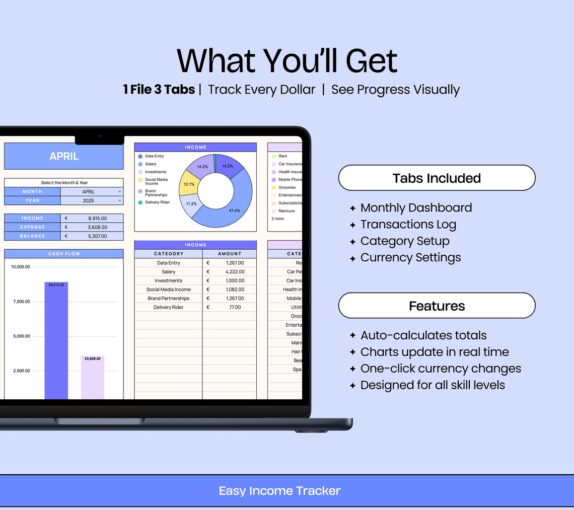 Personal Income Template Easy Income Tracker Spreadsheet, Personal Finances, Google Sheets ...