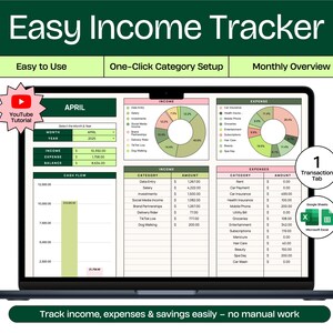 Op de afbeelding: Een laptopscherm dat een spreadsheet toont met een groen en roze kleurenschema. De spreadsheet heeft de titel "Easy Income Tracker" en bevat secties voor inkomsten, uitgaven en kasstroom. De spreadsheet bevat ook een cirkeldiagram voor inkomsten en een cirkeldiagram voor uitgaven. De spreadsheet is voor de maand april 2023.