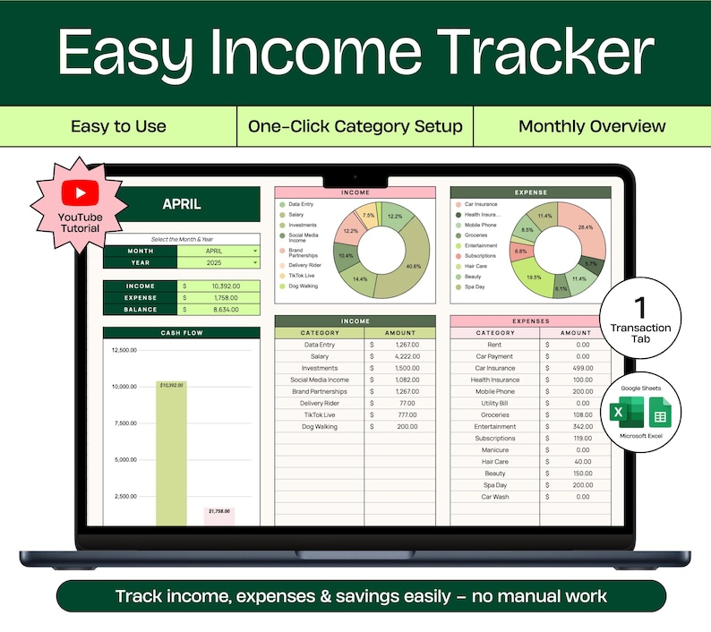 Op de afbeelding: Een laptopscherm dat een spreadsheet toont met een groen en roze kleurenschema. De spreadsheet heeft de titel "Easy Income Tracker" en bevat secties voor inkomsten, uitgaven en kasstroom. De spreadsheet bevat ook een cirkeldiagram voor inkomsten en een cirkeldiagram voor uitgaven. De spreadsheet is voor de maand april 2023.
