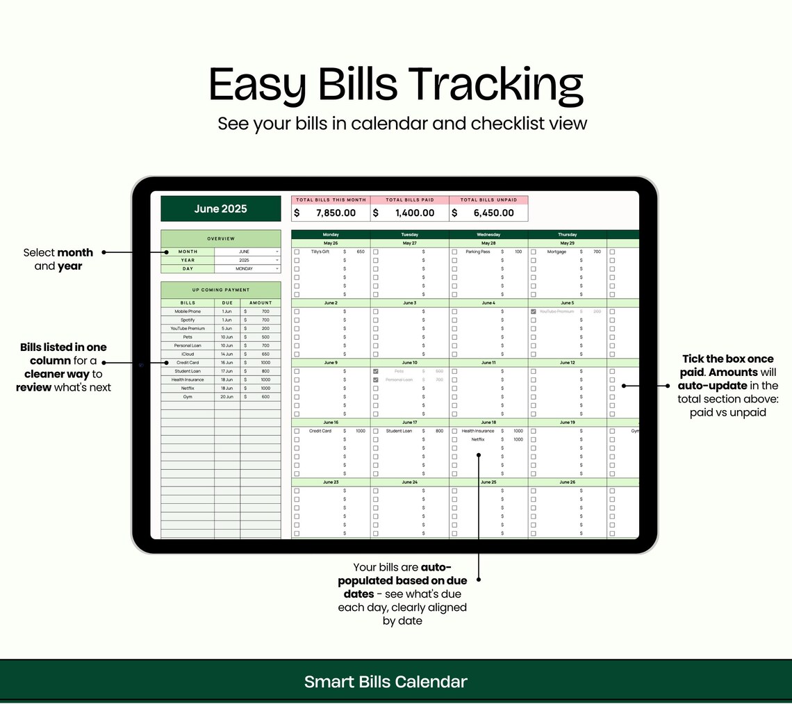 Bill Tracker Spreadsheet Google Sheets Bill Calendar Editable Monthly ...