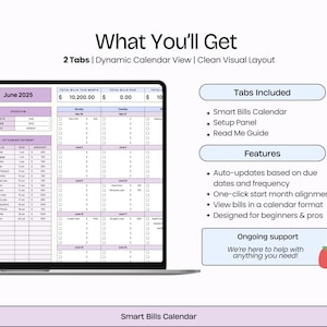 Puede incluir: Una pantalla de port&aacute;til que muestra un rastreador de facturas digital con un dise&ntilde;o claro. La interfaz incluye una vista de calendario, los importes de las facturas y los pr&oacute;ximos pagos. El texto en la pantalla dice "What You'll Get" y "Smart Bills Calendar."
