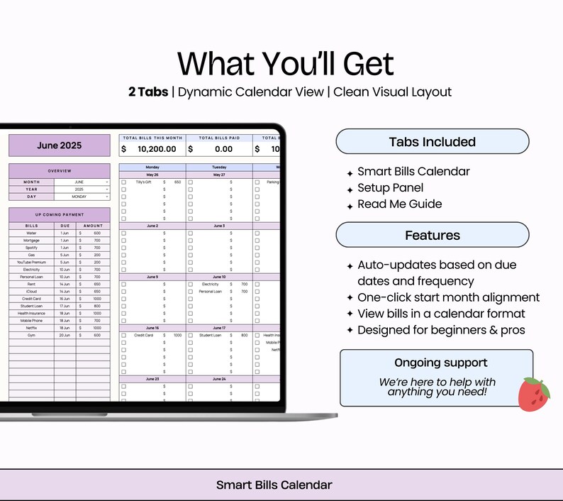 Puede incluir: Una pantalla de port&aacute;til que muestra un rastreador de facturas digital con un dise&ntilde;o claro. La interfaz incluye una vista de calendario, los importes de las facturas y los pr&oacute;ximos pagos. El texto en la pantalla dice "What You'll Get" y "Smart Bills Calendar."
