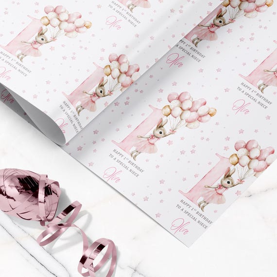 Personalised Ballerina Bunny Wrapping Paper – 1st Birthday Pink Gift Wrap