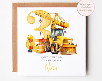 Personalised 3rd Birthday Card – 6x6 Construction Digger Design with Kraft Envelope