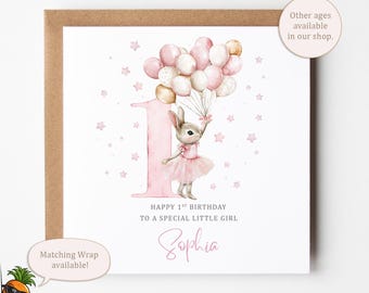 Personalised 1st Birthday Card – Bunny with Balloons, Pink Pastel Design